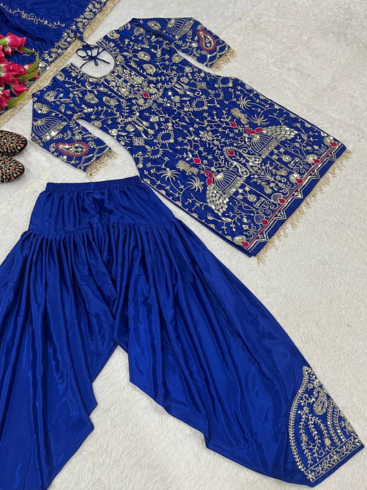Stylish Navy Blue Color Natural Crepe With Heavy Embroidery Sequence Work Dhoti Suit