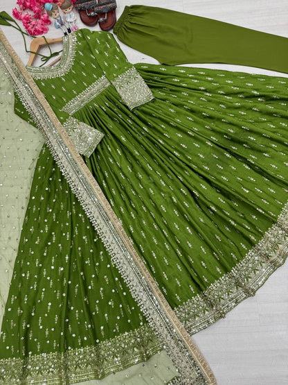Exclusive Green Color Heavy Pure Chinon Silk With Embroidery Sequence Work Gown