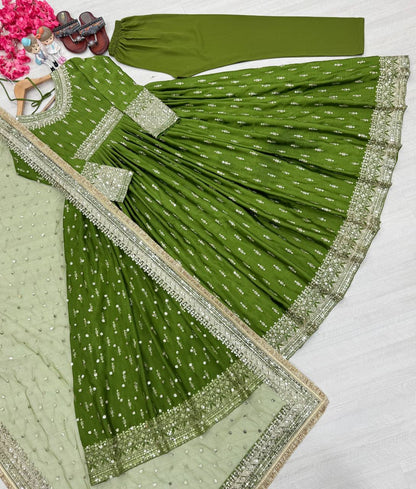 Exclusive Green Color Heavy Pure Chinon Silk With Embroidery Sequence Work Gown