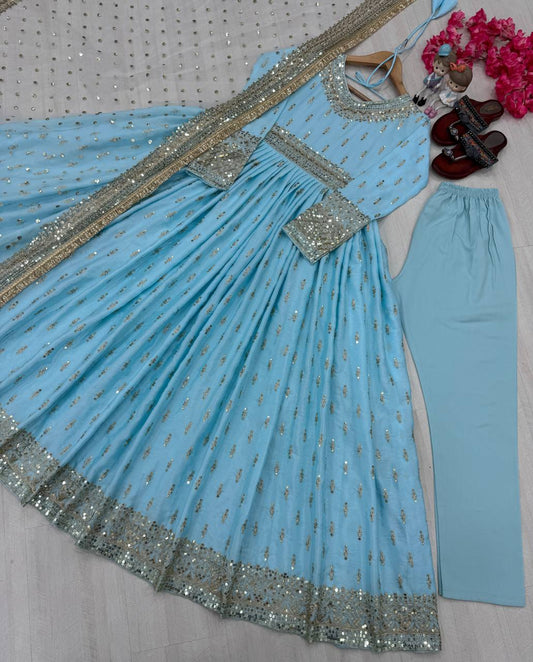 Designer Sky Blue Color Heavy Pure Chinon Silk With Embroidery Sequence Work Gown