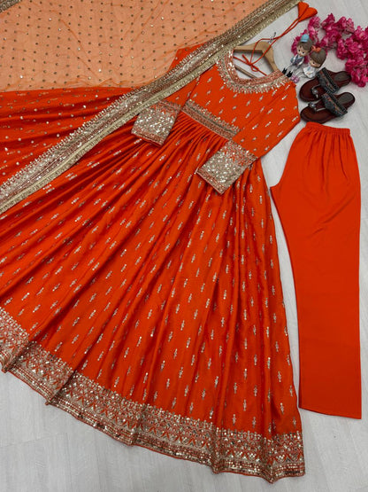 Beautiful Orange Color Heavy Pure Chinon Silk With Embroidery Sequence Work Gown