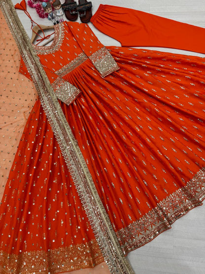 Beautiful Orange Color Heavy Pure Chinon Silk With Embroidery Sequence Work Gown