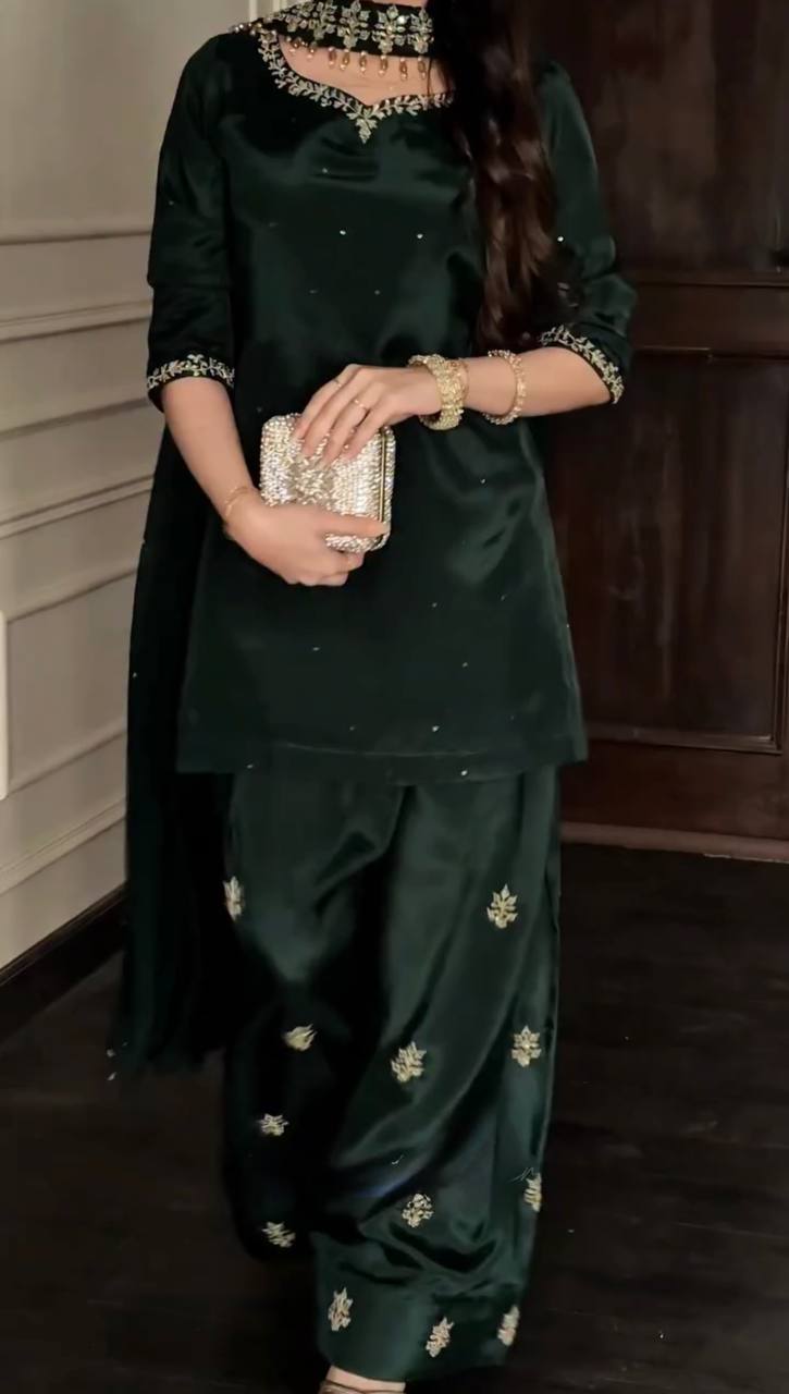 Presenting Green Color Sequence Pearl Work Farshi Suit With Dupatta