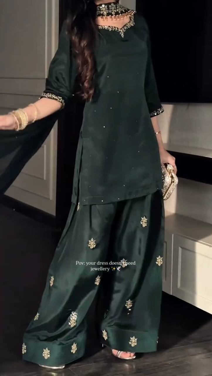 Presenting Green Color Sequence Pearl Work Farshi Suit With Dupatta