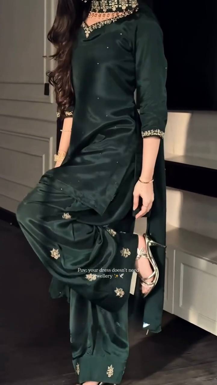 Presenting Green Color Sequence Pearl Work Farshi Suit With Dupatta