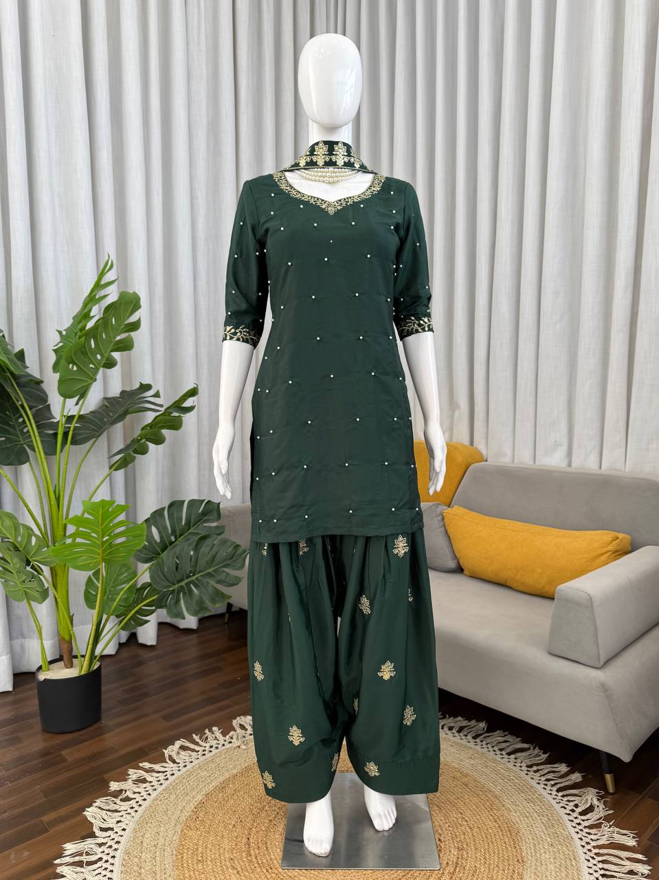 Presenting Green Color Sequence Pearl Work Farshi Suit With Dupatta