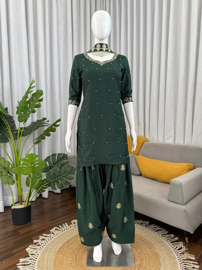Presenting Green Color Sequence Pearl Work Farshi Suit With Dupatta