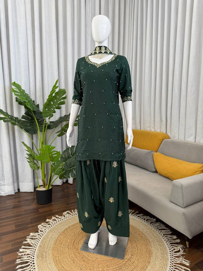Presenting Green Color Sequence Pearl Work Farshi Suit With Dupatta