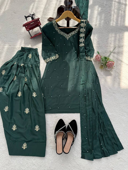 Presenting Green Color Sequence Pearl Work Farshi Suit With Dupatta