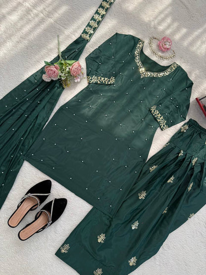 Presenting Green Color Sequence Pearl Work Farshi Suit With Dupatta