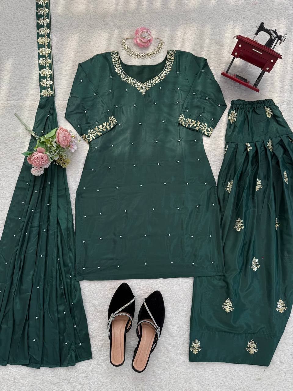 Presenting Green Color Sequence Pearl Work Farshi Suit With Dupatta