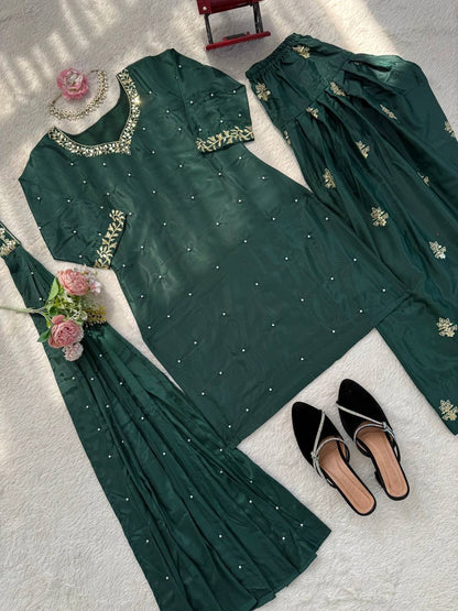 Presenting Green Color Sequence Pearl Work Farshi Suit With Dupatta