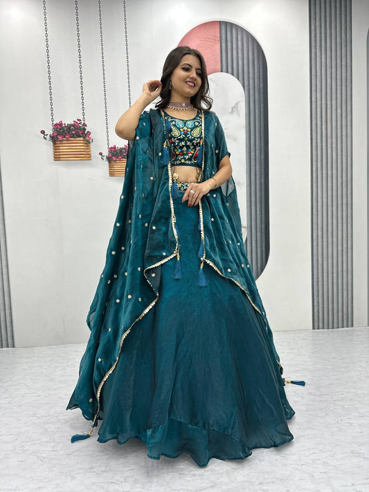 Wedding Wear Teal Blue Color Heavy Embroidery Thread Sequence Work Designer Lehenga Choli