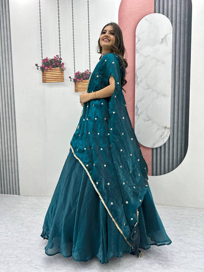 Wedding Wear Teal Blue Color Heavy Embroidery Thread Sequence Work Designer Lehenga Choli