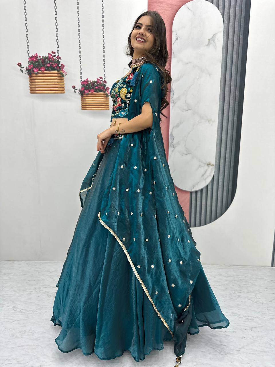 Wedding Wear Teal Blue Color Heavy Embroidery Thread Sequence Work Designer Lehenga Choli