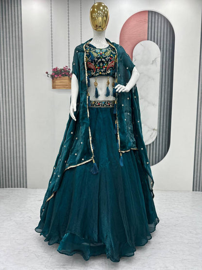 Wedding Wear Teal Blue Color Heavy Embroidery Thread Sequence Work Designer Lehenga Choli