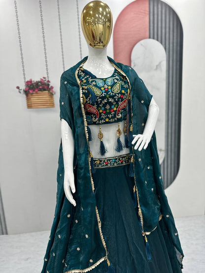 Wedding Wear Teal Blue Color Heavy Embroidery Thread Sequence Work Designer Lehenga Choli
