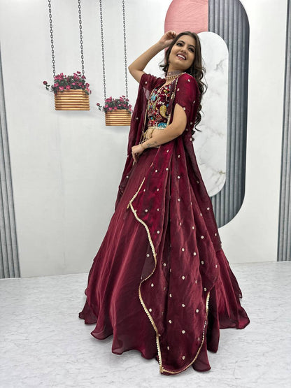 Wedding Wear Maroon Color Heavy Embroidery Thread Sequence Work Designer Lehenga Choli