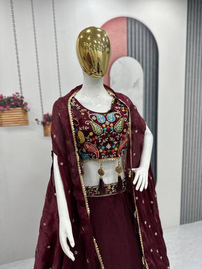 Wedding Wear Maroon Color Heavy Embroidery Thread Sequence Work Designer Lehenga Choli