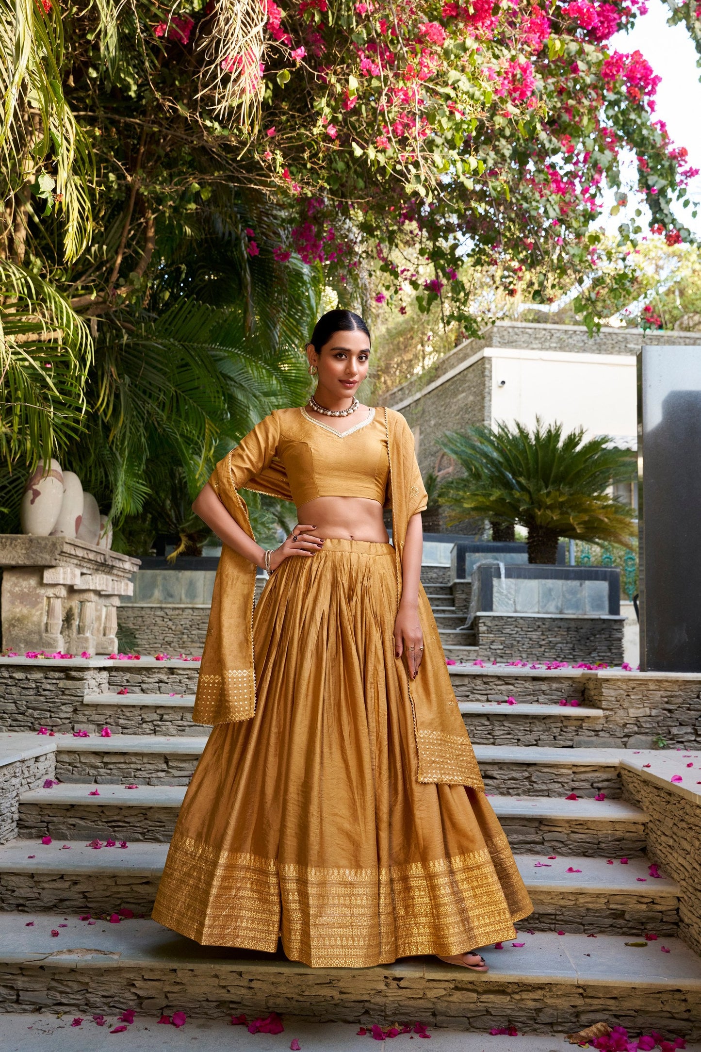 Eyes Catching Mustard Pure Chanderi Plain With Zari Weaving Work Border Designer Lehenga Choli