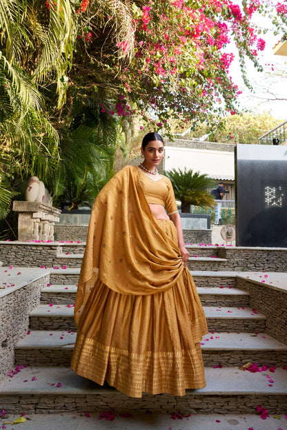 Eyes Catching Mustard Pure Chanderi Plain With Zari Weaving Work Border Designer Lehenga Choli