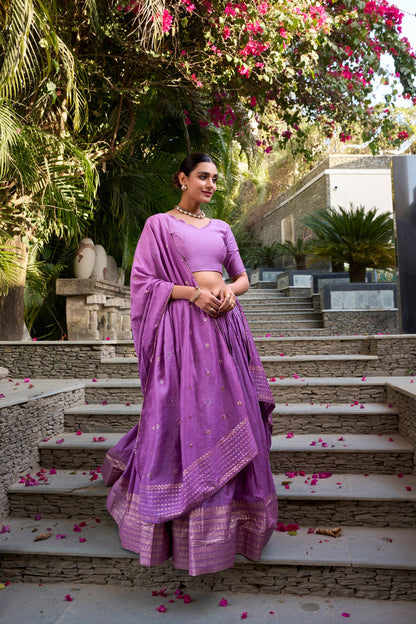 Glimmering Lavander Pure Chanderi Plain With Zari Weaving Work Border Designer Lehenga Choli