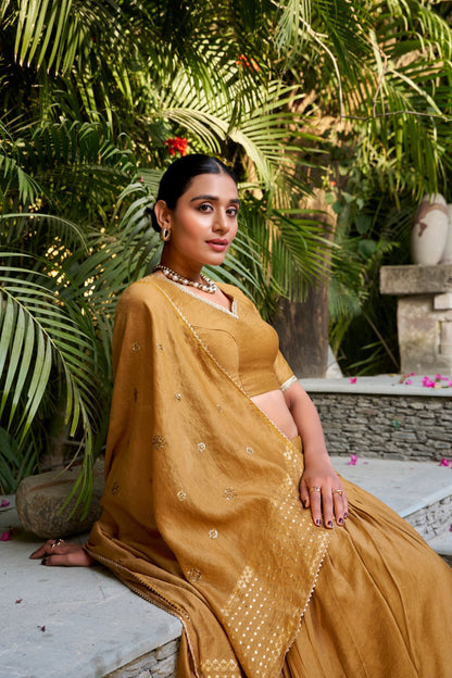 Eyes Catching Mustard Pure Chanderi Plain With Zari Weaving Work Border Designer Lehenga Choli