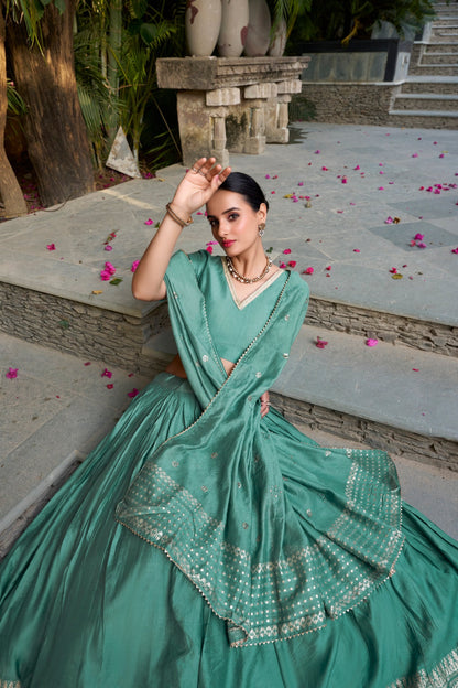 Delightful Aqua Green Pure Chanderi Plain With Zari Weaving Work Border Designer Lehenga Choli
