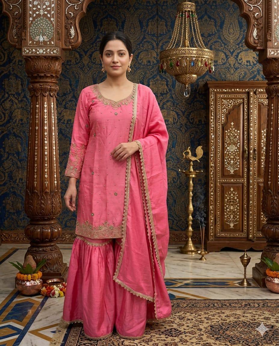 Occasion Wear Pink Color Moti Handwork Sharara Suit With Dupatta