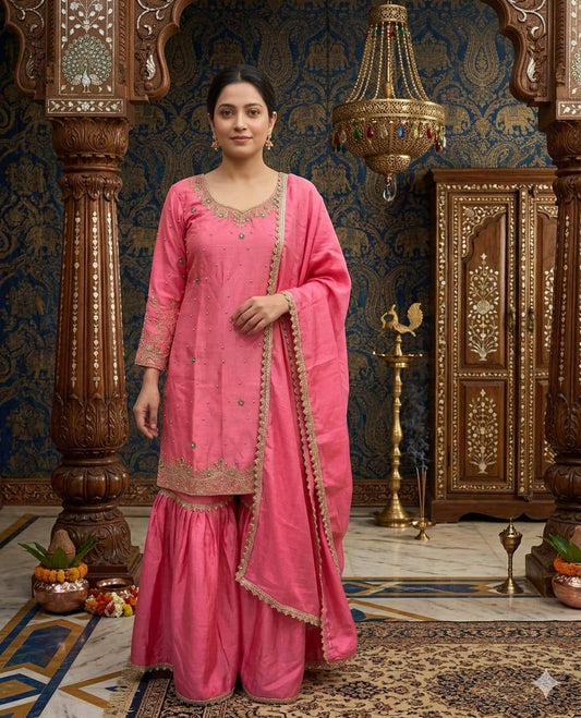 Occasion Wear Pink Color Moti Handwork Sharara Suit With Dupatta