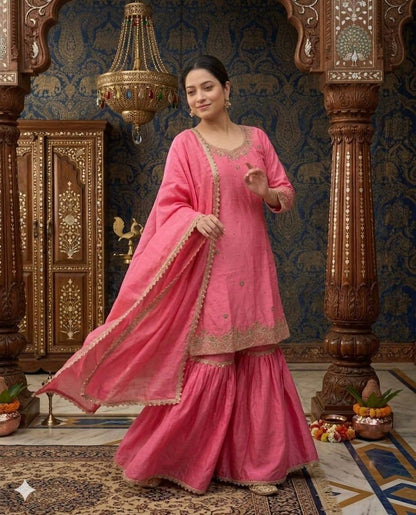 Occasion Wear Pink Color Moti Handwork Sharara Suit With Dupatta