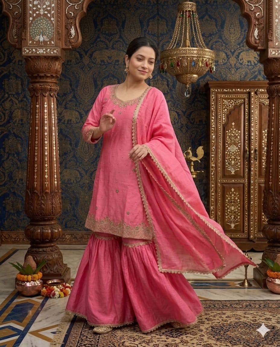Occasion Wear Pink Color Moti Handwork Sharara Suit With Dupatta