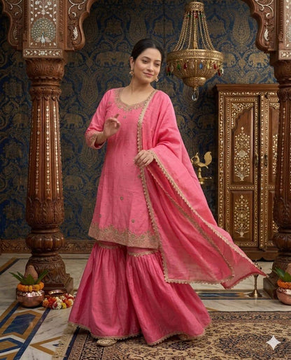 Occasion Wear Pink Color Moti Handwork Sharara Suit With Dupatta