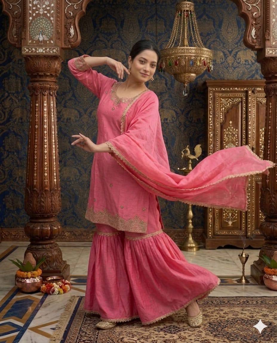 Occasion Wear Pink Color Moti Handwork Sharara Suit With Dupatta