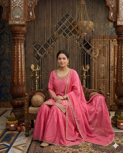 Occasion Wear Pink Color Moti Handwork Sharara Suit With Dupatta
