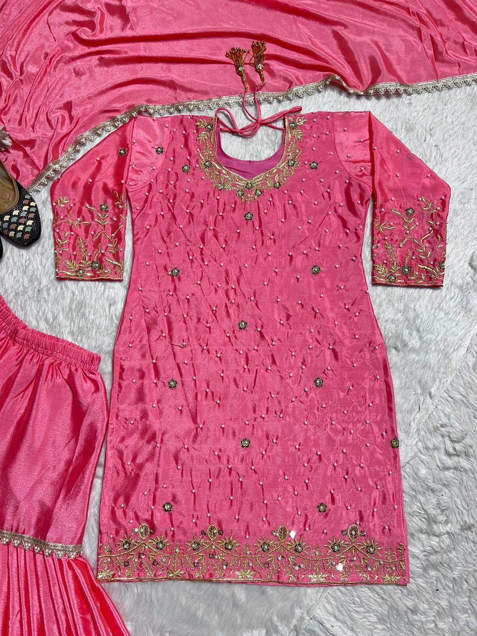 Occasion Wear Pink Color Moti Handwork Sharara Suit With Dupatta