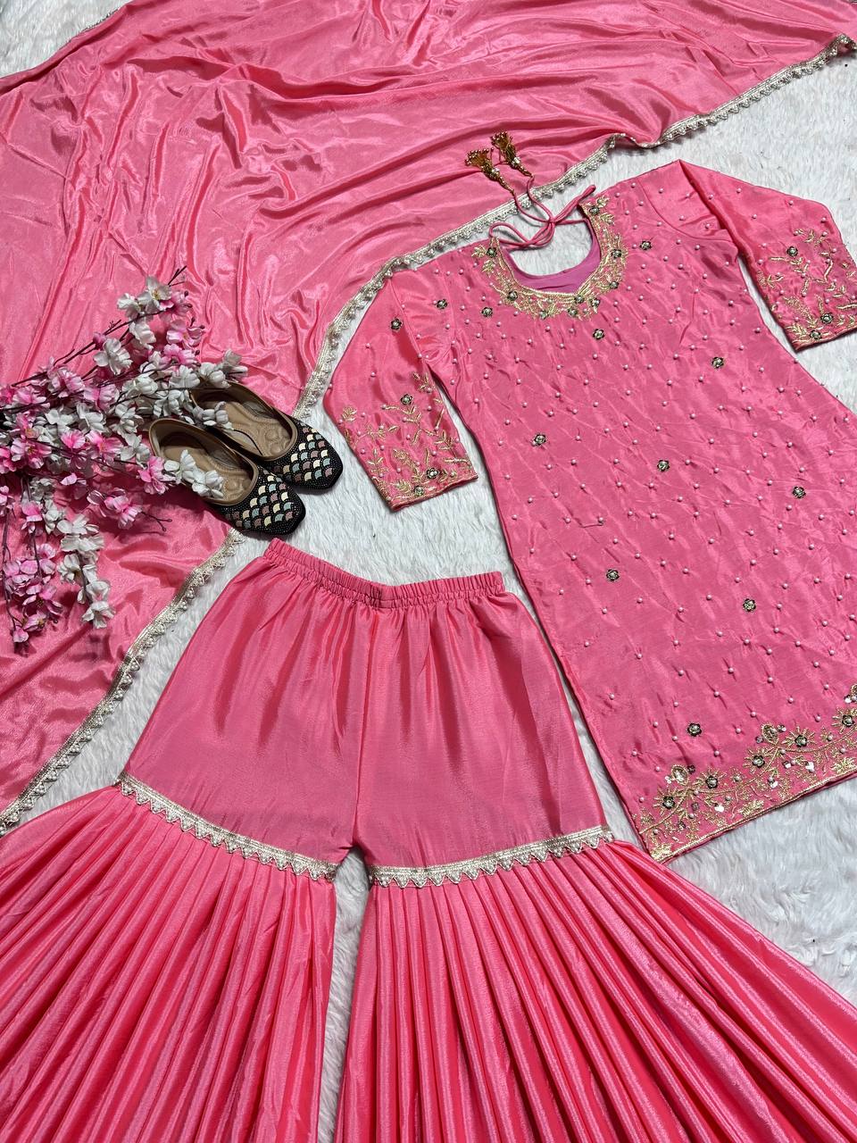 Occasion Wear Pink Color Moti Handwork Sharara Suit With Dupatta