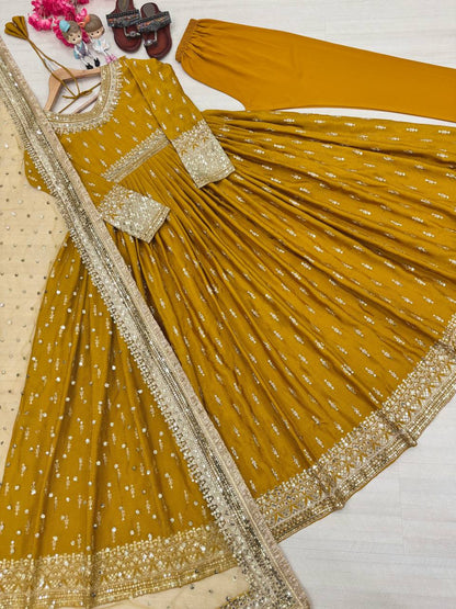 Haldi Wear Yellow Color Heavy Pure Chinon Silk With Embroidery Sequence Work Gown