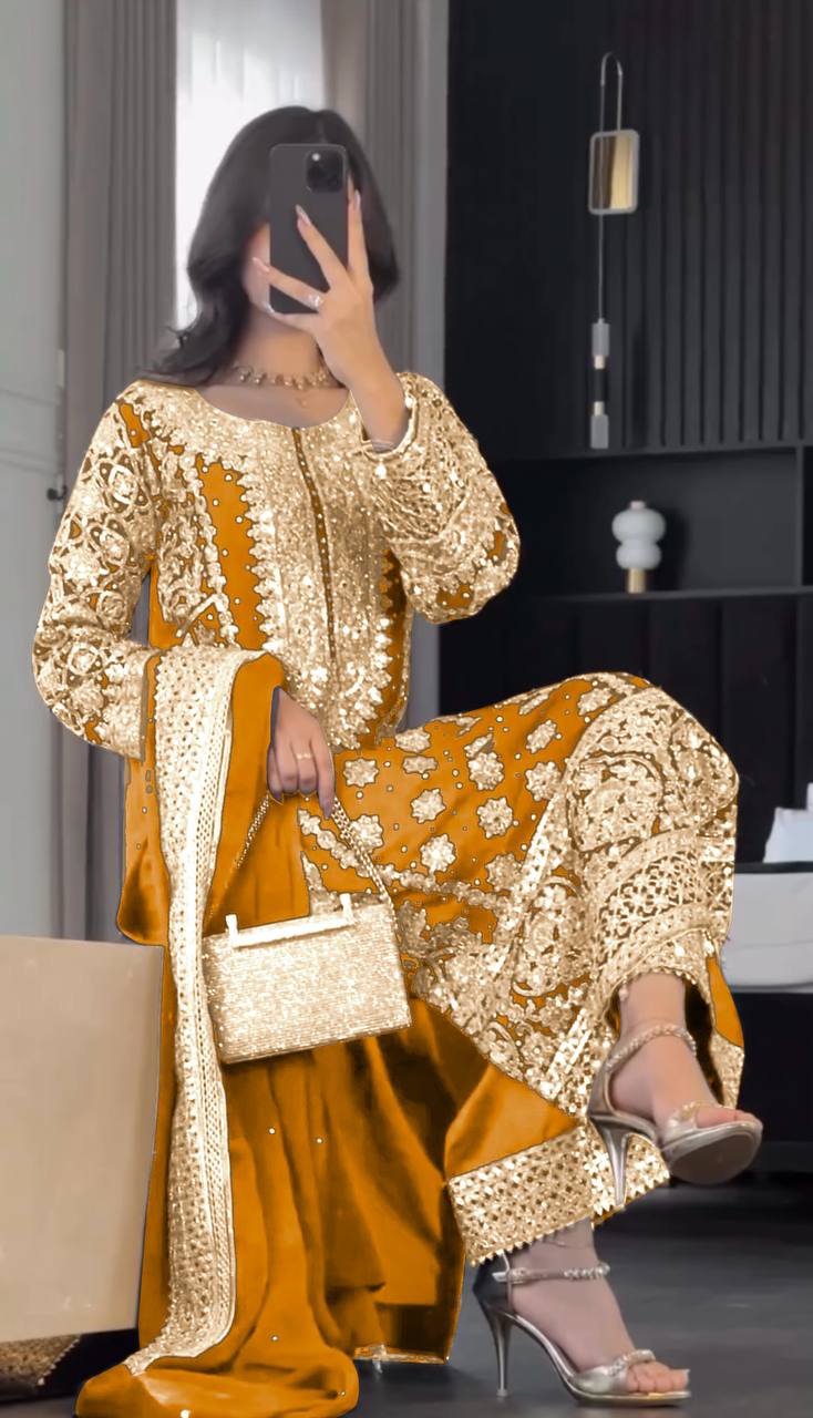 Reception Wear Mustard Color Faux Georgette With Heavy Embroidery Sequence Work Designer Salwar Suit