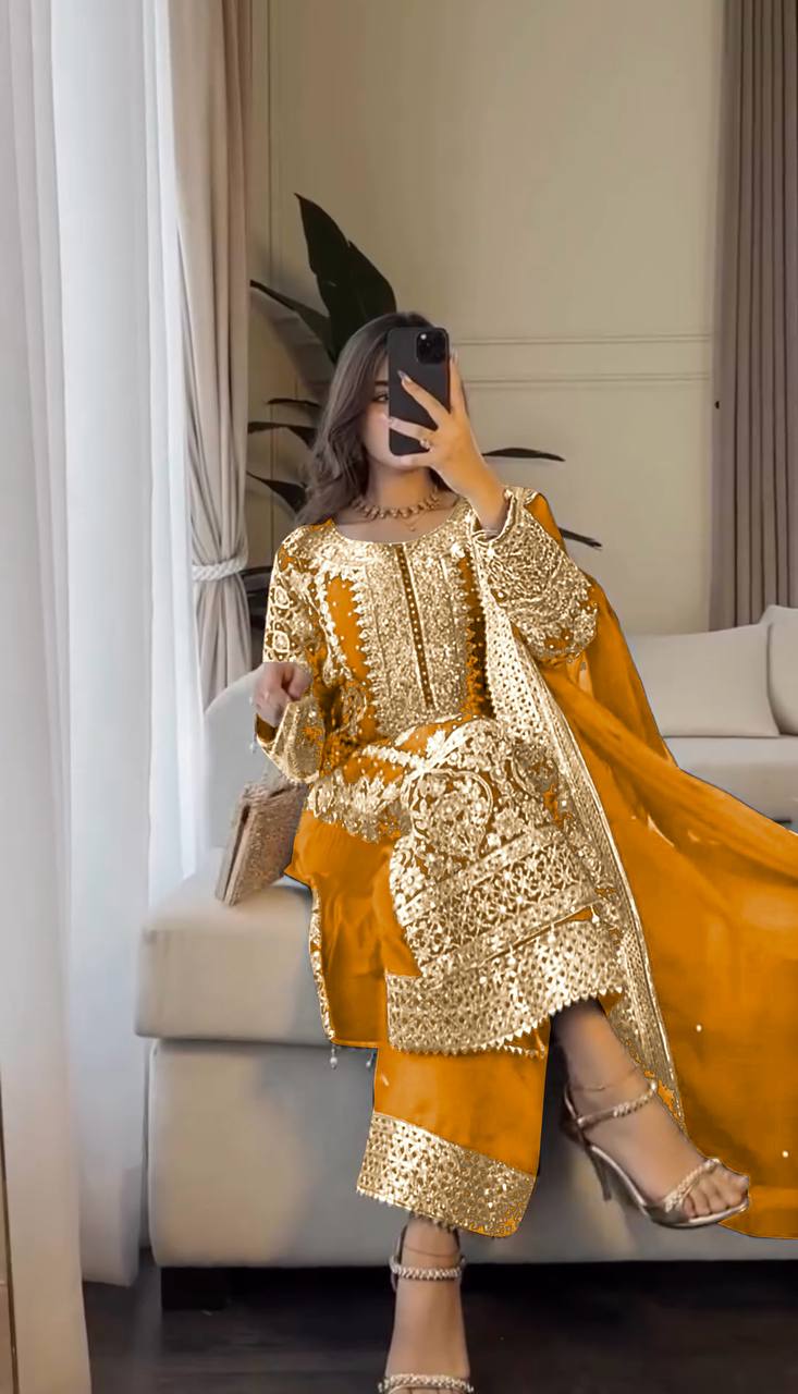 Reception Wear Mustard Color Faux Georgette With Heavy Embroidery Sequence Work Designer Salwar Suit