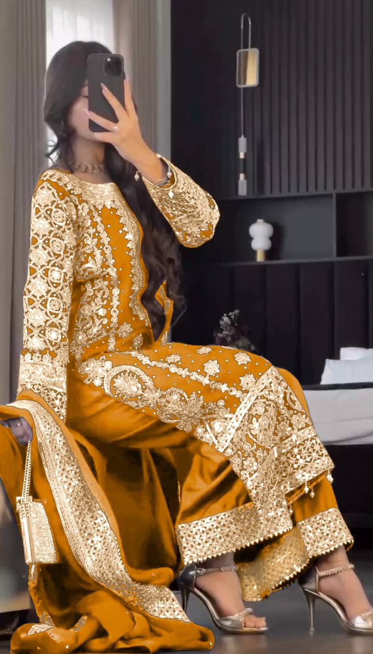 Reception Wear Mustard Color Faux Georgette With Heavy Embroidery Sequence Work Designer Salwar Suit