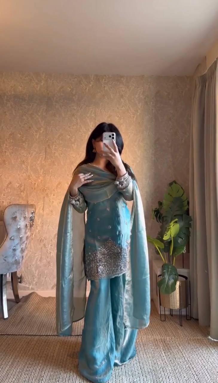 Ravishing Sky Blue Color Embroidered Palazzo Suit