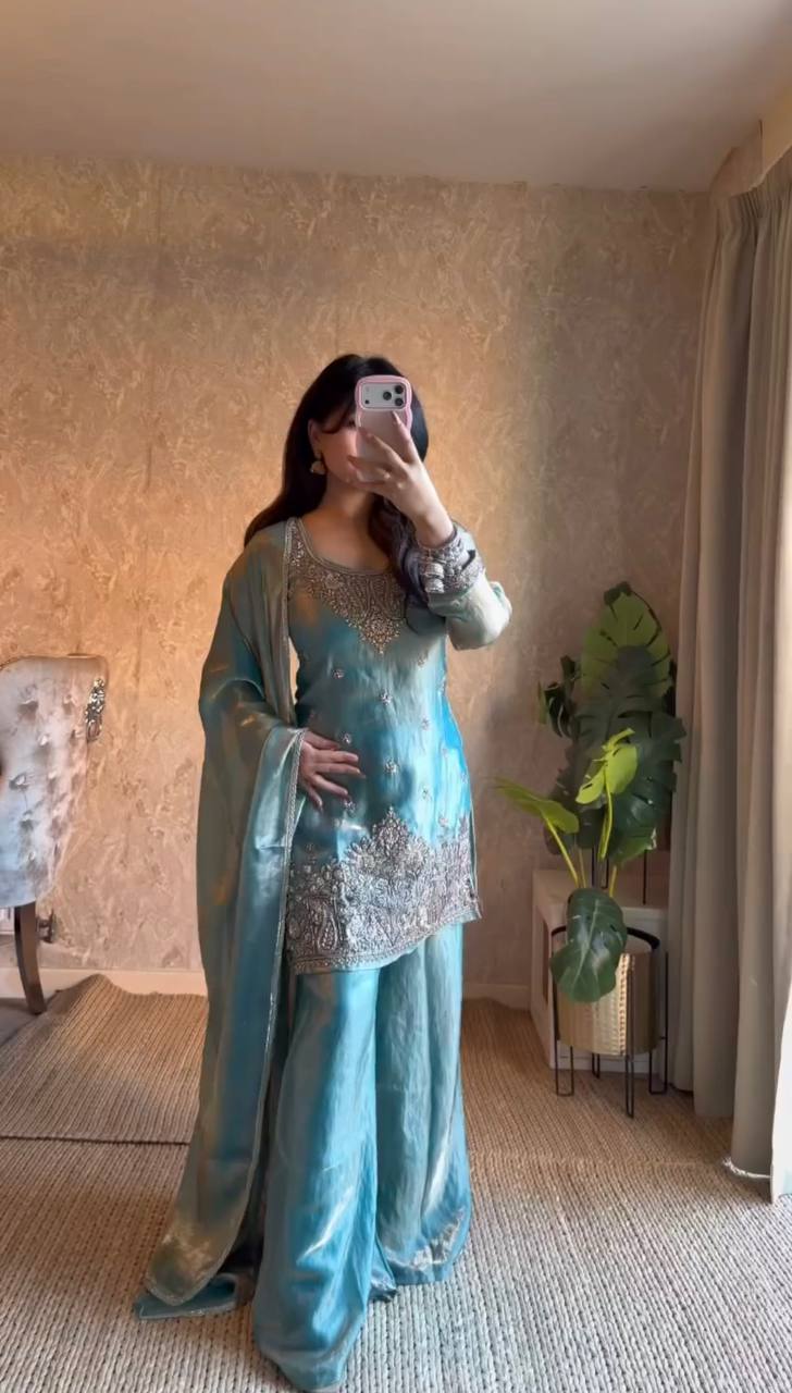 Ravishing Sky Blue Color Embroidered Palazzo Suit