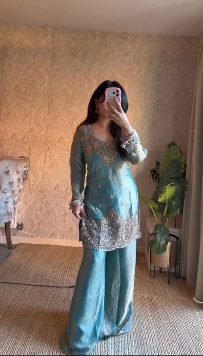 Ravishing Sky Blue Color Embroidered Palazzo Suit