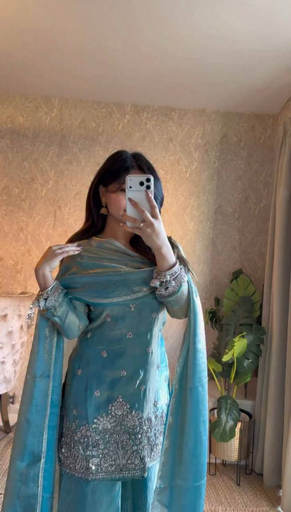 Ravishing Sky Blue Color Embroidered Palazzo Suit