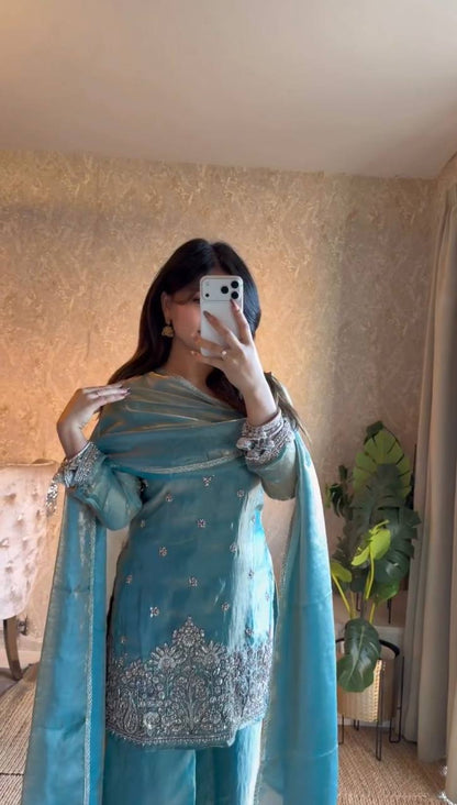 Ravishing Sky Blue Color Embroidered Palazzo Suit