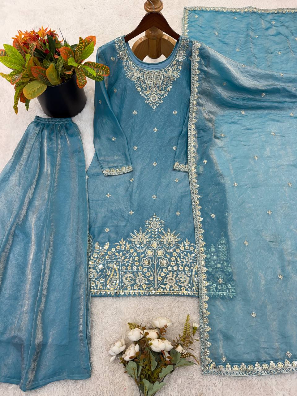 Ravishing Sky Blue Color Embroidered Palazzo Suit
