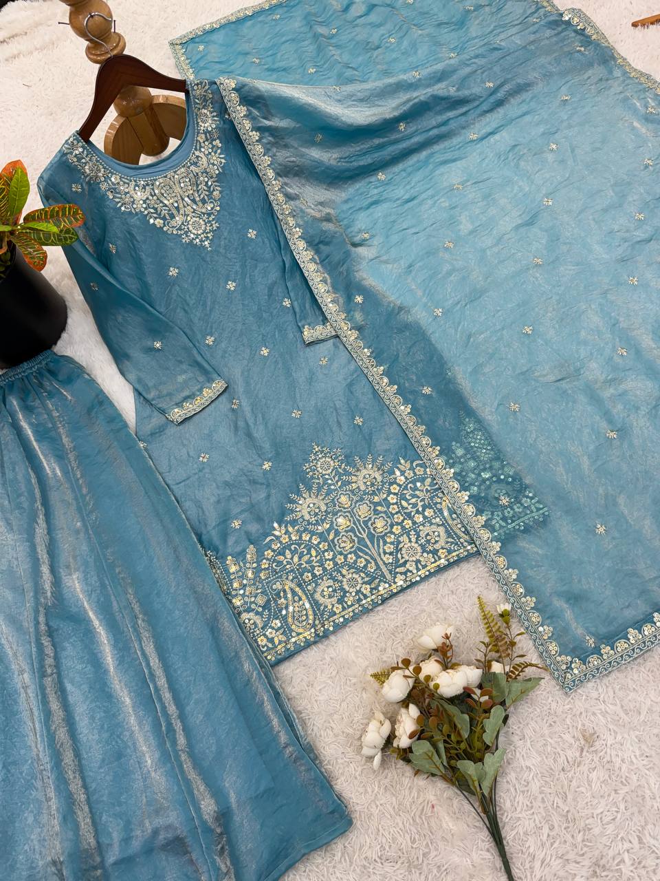 Ravishing Sky Blue Color Embroidered Palazzo Suit