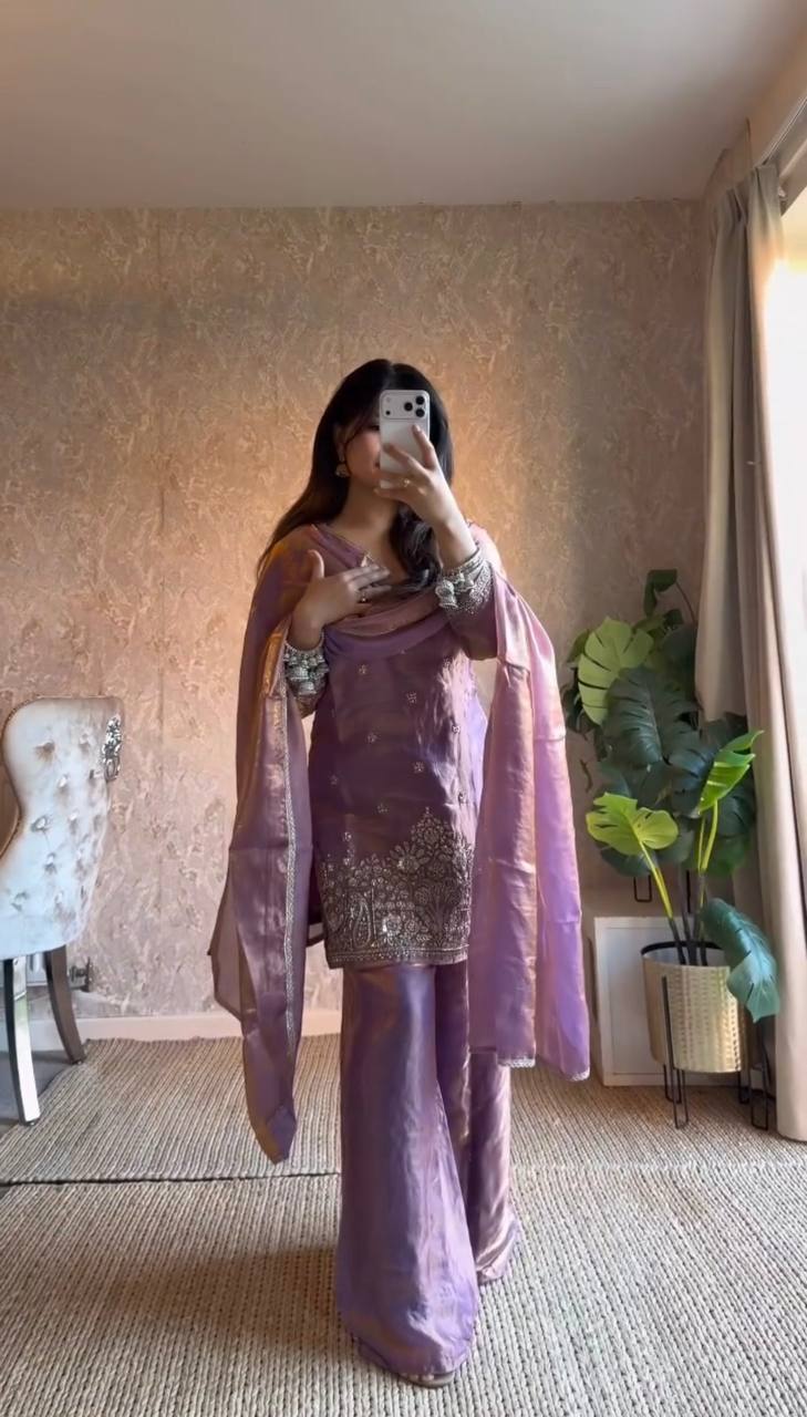 Opulent Purple Color Embroidered Palazzo Suit With Dupatta