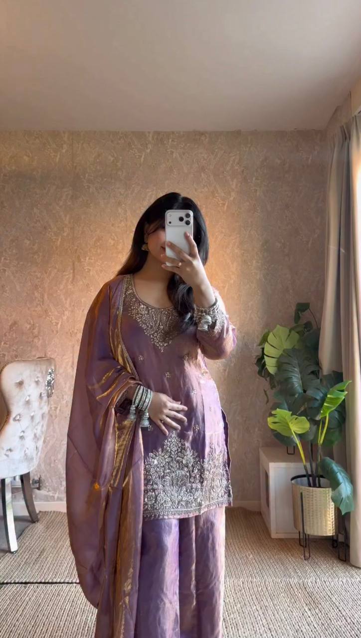 Opulent Purple Color Embroidered Palazzo Suit With Dupatta